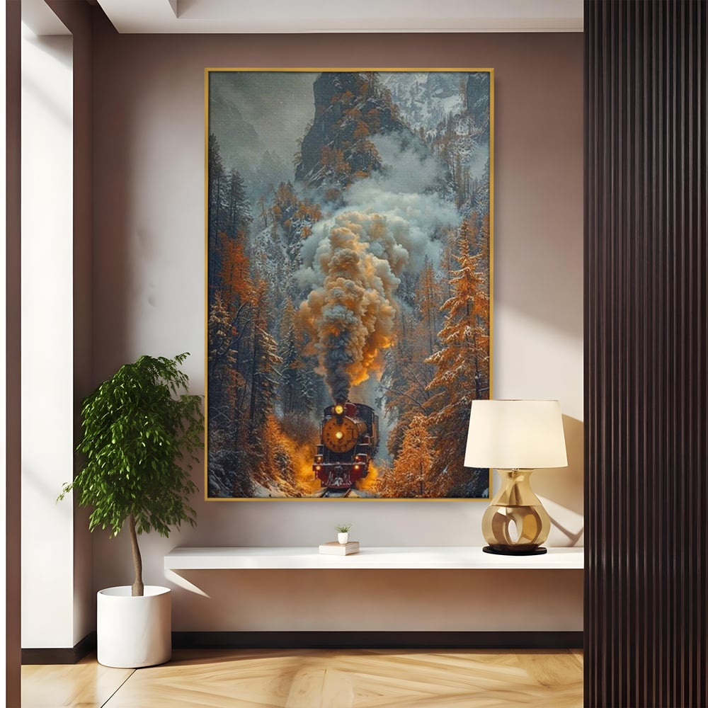 Tablou canvas cu ilustratie cu tren cu aburi pe sina acoperita de zapada, in rama de aluminiu auriu